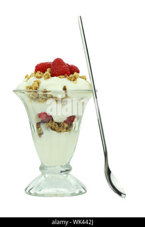 Fruit parfait with healthy granola, vanilla yogurt and fresh raspberries isolated on a white background. Stock Photo