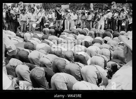 Iranian men bow in prayer during demonstration for Khomeini in Washington, D.C.;  Iranian men bow in prayer during demonstration for Khomeini in Washington, D.C. Stock Photo