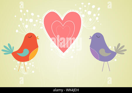 Love birds with heart and dandelions on green Stock Photo