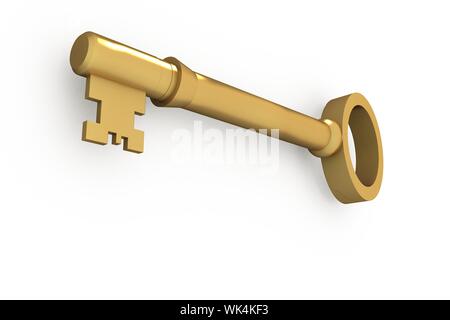 Digitally generated shiny gold key on white background Stock Photo