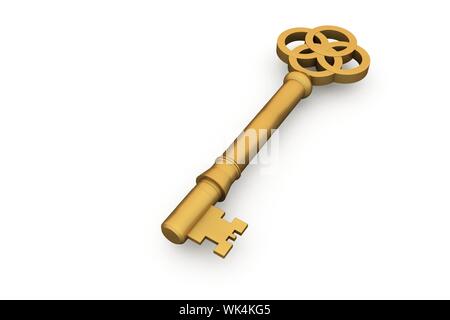 Digitally generated shiny gold key on white background Stock Photo
