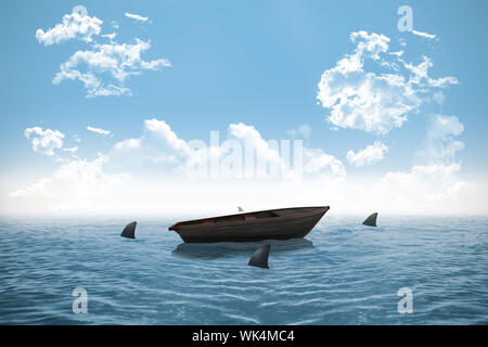 Digitally generated sharks circling small boat in the ocean Stock Photo