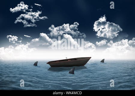 Digitally generated sharks circling small boat in the sea Stock Photo