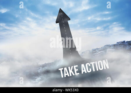 The word take action against road turning into arrow Stock Photo