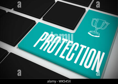 The word protection and winners cup on black keyboard with blue key Stock Photo