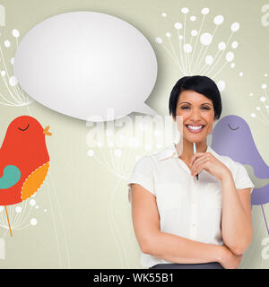 Thoughtful businesswoman with speech bubble against feminine design of dandelions and birds Stock Photo