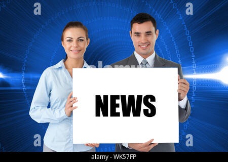 Business partners holding card saying news against futuristic shiny design with code Stock Photo