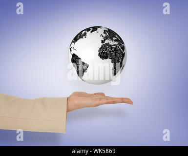 Female hand presenting globe against purple vignette Stock Photo