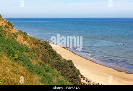A view of the beach and sea on the North Norfolk coast from the west cliffs at Mundesley, Norfolk, England, United Kingdom, Europe. Stock Photo