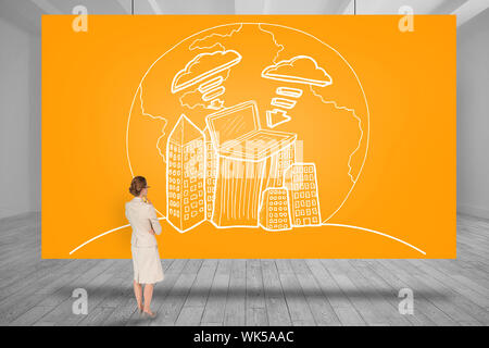 Composite image of thinking businesswoman against orange card Stock Photo