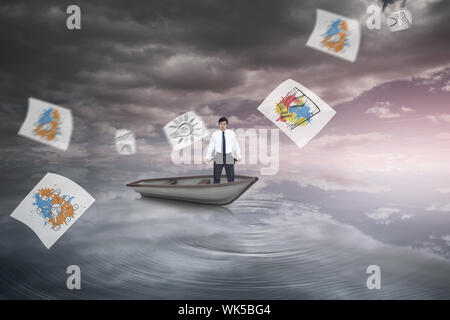 Composite image of sad tradesman showing his empty pockets in a sailboat in heavenly water and sky Stock Photo