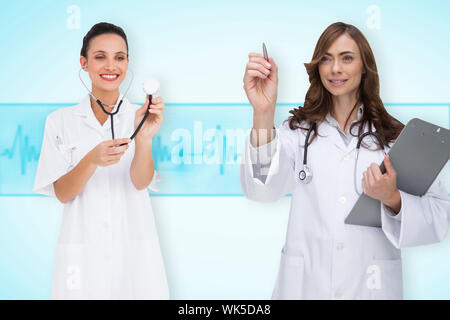 Composite image of medical team against medical background with blue ecg line Stock Photo