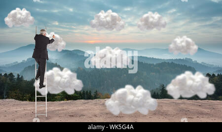 Mature businessman climbing career ladder against white cloud computing clouds Stock Photo