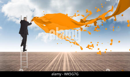 Mature businessman climbing career ladder against cloudy sky background Stock Photo