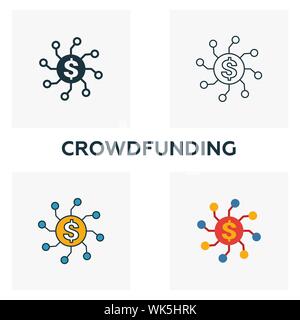 Crowdfunding icon set. Four elements in diferent styles from fintech icons collection. Creative crowdfunding icons filled, outline, colored and flat Stock Vector