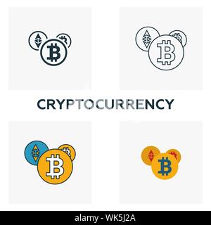Cryptocurrency icon set. Four elements in diferent styles from fintech icons collection. Creative cryptocurrency icons filled, outline, colored and Stock Vector