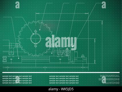 Mechanical drawings on a green and white background. Engineering ...