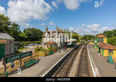 Corfe Castle railway station is a railway station located in the village of Corfe Castle, in the English county of Dorset. Stock Photo