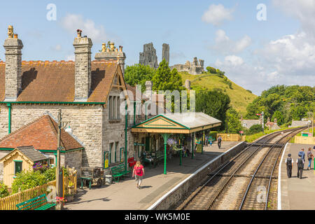 Corfe Castle railway station is a railway station located in the village of Corfe Castle, in the English county of Dorset. Stock Photo