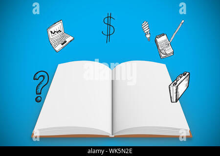 Composite image open book under doodles with business icons against blue background with vignette Stock Photo