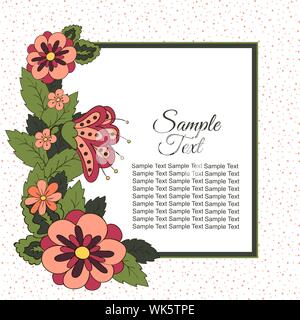 Spring postcard, cover, bright background for inscriptions. Hello Spring. Flowers. Sample text. Pattern in green, red, cream tones Stock Vector