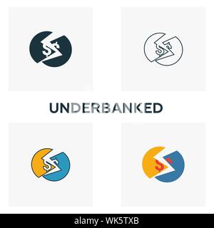 Underbanked icon set. Four elements in diferent styles from fintech icons collection. Creative underbanked icons filled, outline, colored and flat Stock Vector