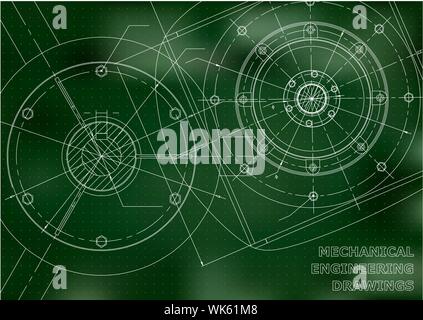 Mechanical drawings on a green and white background. Engineering ...