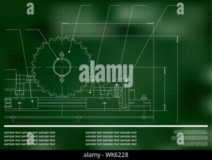 Mechanical drawings on a green and white background. Engineering ...
