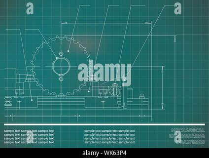 Mechanical drawings on a green and white background. Engineering ...