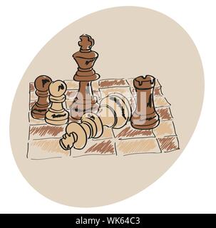 Brown Chess on a chessboard pattern Doodle Stock Vector
