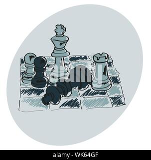 Chess on a chessboard. Blue pattern.  Doodle. Hand drawing Stock Vector