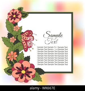 Spring postcard, cover, bright background for inscriptions. Hello Spring. Flowers. Sample text. Pattern in green, red, yellow tones Stock Vector