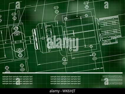 Mechanical drawings on a green, white background. Engineering ...