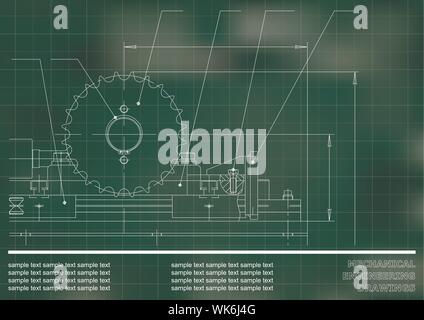 Mechanical drawings on a green, white background. Engineering ...