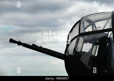 Rose rear gun turret with twin 50 calibre machine guns fitted to late second world war Lancaster bombers to increase fire power. Stock Photo