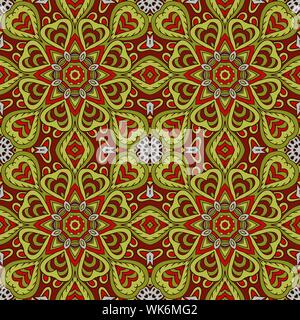 Mandala doodle drawing. Colorful seamless ornament. Ethnic motives. Zentangl Hearts. Red and green tones Stock Vector
