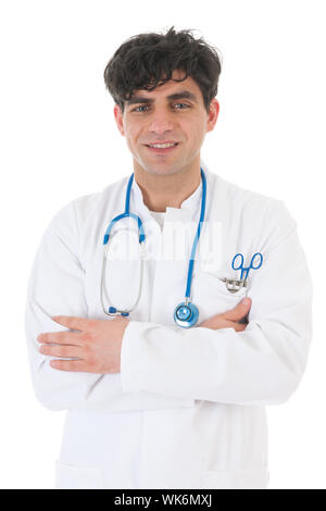 Male doctor standing in studio isolated over white background Stock Photo