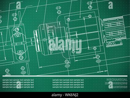 Mechanical drawings on a green, white background. Engineering ...