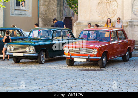 Retro Soviet Moskvich 412 and Lada 1200 (VAZ 2101) cars on old-timer car show Stock Photo
