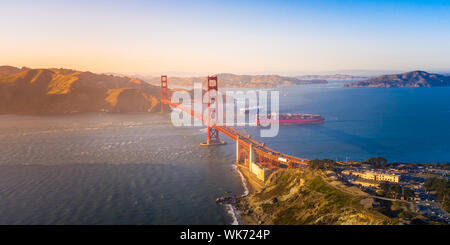 Aerial View of the Golden Gate Bridge at Sunset, San Francisco, California, USA Stock Photo