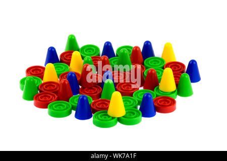 Coloured plastic board game tokens isolated on a white Background Stock Photo