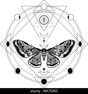 Night moth, butterfly pupa. Sacred geometry, esoteric symbols. Black and white vector illustration Stock Vector