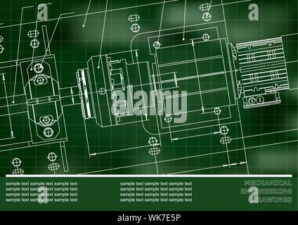 Mechanical drawings on a green, white background. Engineering ...