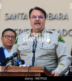 Santa Barbara, USA. 3rd Sep, 2019. Santa Barbara County Sheriff Bill Brown speaks at a press briefing in Santa Barbara, California, the United States, Sept. 3, 2019. A total of 20 bodies have been recovered and 14 others are still missing as of Tuesday morning after a tragic boat fire early Monday off the Santa Cruz Island in Southern California, Santa Barbara County Sheriff Bill Brown told a press briefing. He said the remains of the 20 victims, 11 female and 9 male, have been identified. Credit: Li Ying/Xinhua/Alamy Live News Stock Photo