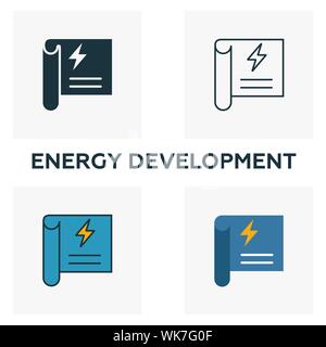 Energy Development icon set. Four elements in diferent styles from power and energy icons collection. Creative energy development icons filled Stock Vector