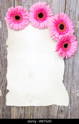 pink gerberas and empty sheet on a wooden board, vintage style Stock ...