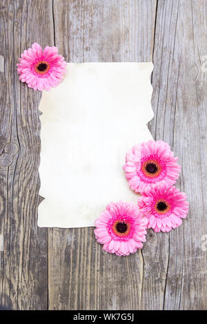 pink gerberas and empty sheet on a wooden board, vintage style Stock ...