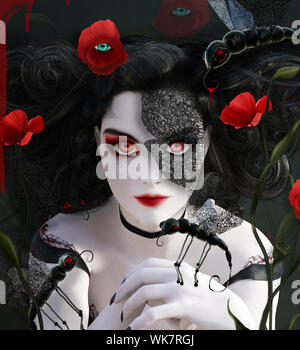 Dark gothic woman with surreal poppies and butterflies Stock Photo