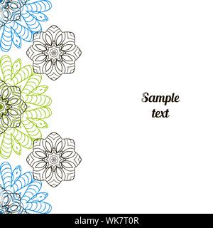 Doodle image. Mandala, circular patterns. black, blue and green on White. Hand drawing for text Stock Vector