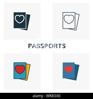 Passports icon set. Four elements in diferent styles from honeymoon icons collection. Creative passports icons filled, outline, colored and flat Stock Vector